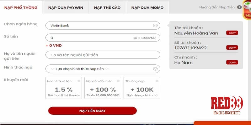 Các bước nạp tiền phổ thông tại nhà cái Red88